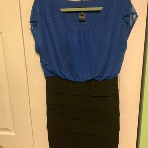 Royal blue sparkle and black tiered dress, size 14W, by “En Focus”